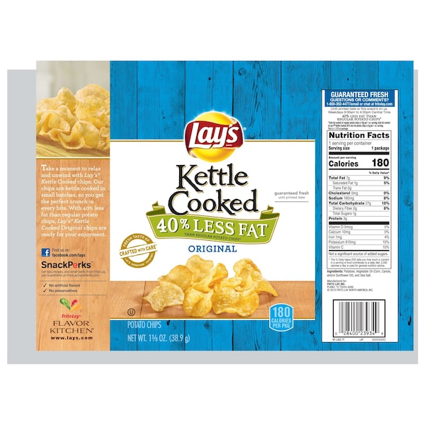Lays Lay's Papas Fritas Kettle Cooked 40% Menos Grasa Original de 1.37 oz. Bolsas, Paquete de 64 - 25115