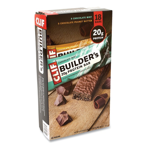 Barra de proteína Clif Bar Builders, Chocolate Menta/Chocolate Maní, Barra de 2.4 oz, Paquete de 18 - 16805