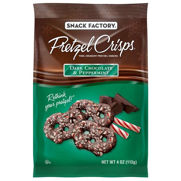 Fábrica de botanas Snack Factory: Chocolate Oscuro y Menta Navideños de 4 oz., paquete de 12 - 110823