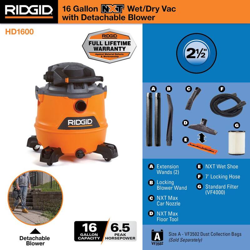 RIDGID 16 Gallon 6.5 Peak HP NXT Shop Vac Wet Dry Vacuum with Detachable Blower, Filter, Locking Hose and Accessories - HD1600