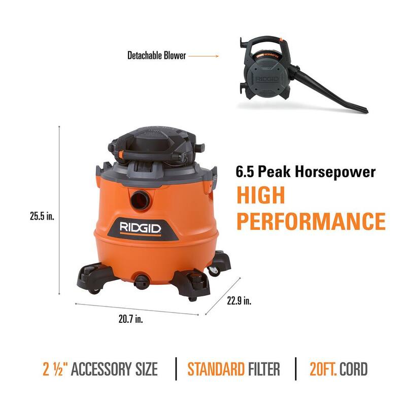 RIDGID 16 Gallon 6.5 Peak HP NXT Shop Vac Wet Dry Vacuum with Detachable Blower, Filter, Locking Hose and Accessories - HD1600