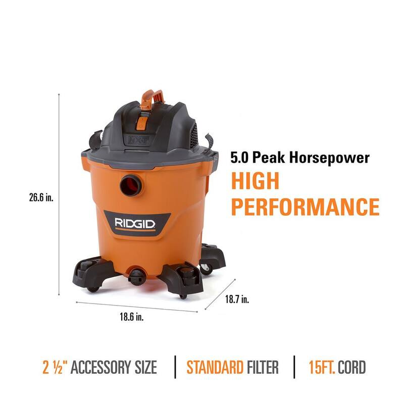 RIDGID 12 Gallon 5.0 Peak HP NXT Shop Vac Wet Dry Vacuum with General Debris Filter, Locking Hose and Accessory Attachments - HD1200