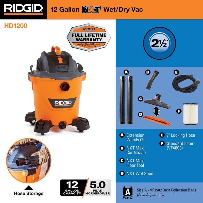 RIDGID 12 Gallon 5.0 Peak HP NXT Shop Vac Wet Dry Vacuum with General Debris Filter, Locking Hose and Accessory Attachments - HD1200
