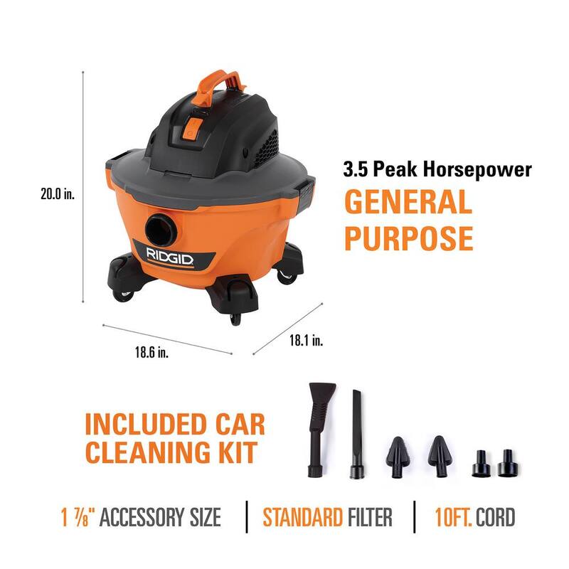 RIDGID 6 Gallon 3.5 Peak HP NXT Shop Vac Wet Dry Vacuum with Filter, Hose, Wands, Utility Nozzle and Car Cleaning Kit - HD0600C