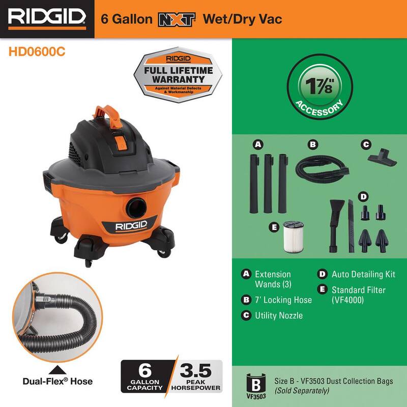 RIDGID 6 Gallon 3.5 Peak HP NXT Shop Vac Wet Dry Vacuum with Filter, Hose, Wands, Utility Nozzle and Car Cleaning Kit - HD0600C