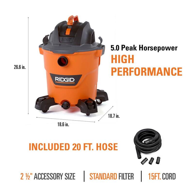 RIDGID 12 Gallon 5.0 Peak HP NXT Shop Vac Wet Dry Vacuum with General Debris Filter, Hose, Accessories and 20 ft. Locking Hose - HD1200B