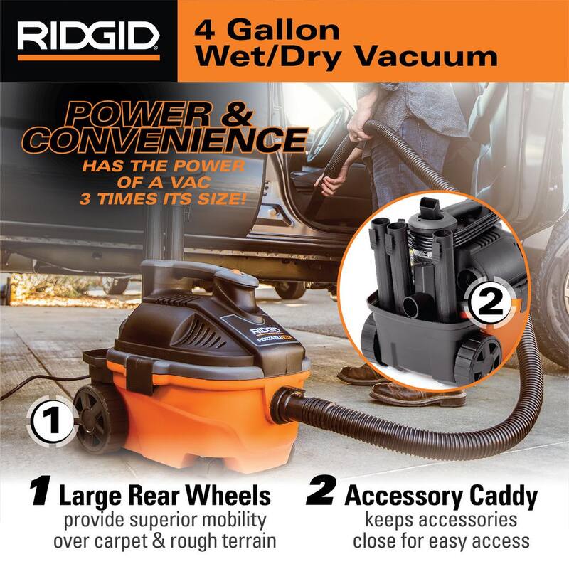 RIDGID 4 Gallon 5.0 Peak HP Portable Shop Vac Wet Dry Vacuum with Fine Dust Filter, Locking Hose and Accessory Attachments - WD4070