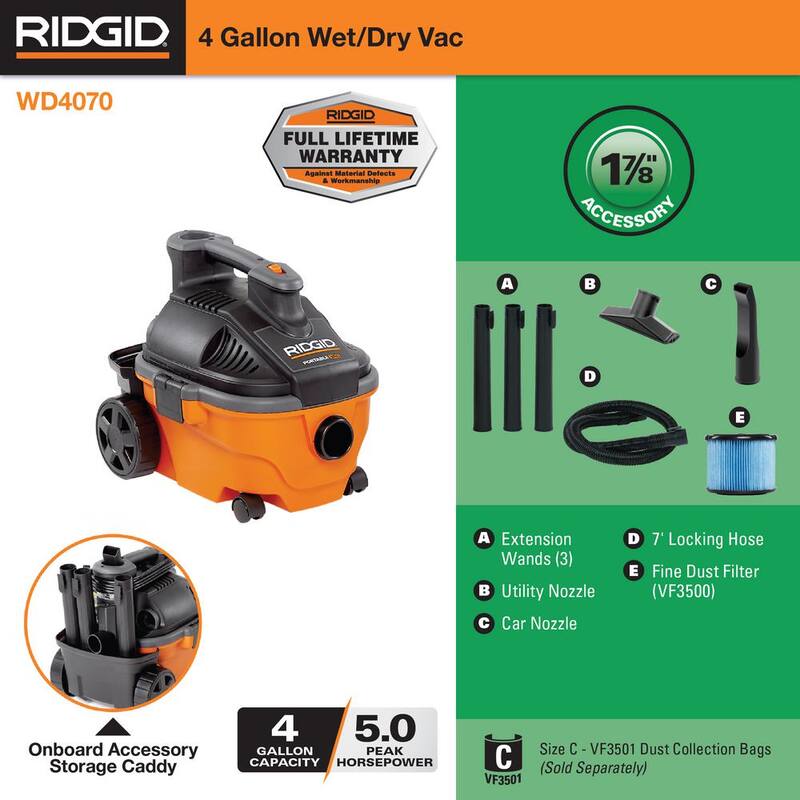 RIDGID 4 Gallon 5.0 Peak HP Portable Shop Vac Wet Dry Vacuum with Fine Dust Filter, Locking Hose and Accessory Attachments - WD4070