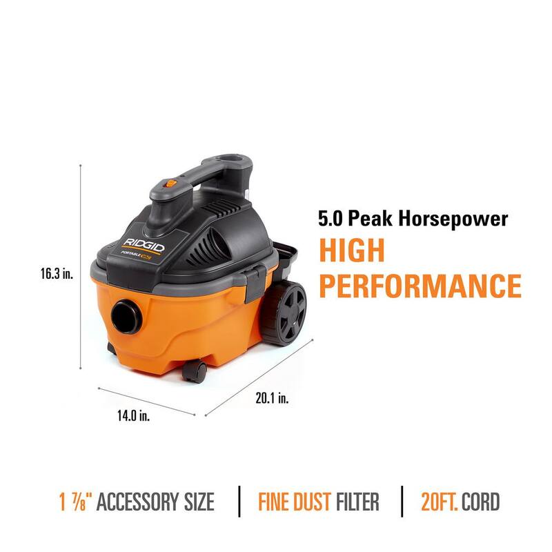 RIDGID 4 Gallon 5.0 Peak HP Portable Shop Vac Wet Dry Vacuum with Fine Dust Filter, Locking Hose and Accessory Attachments - WD4070