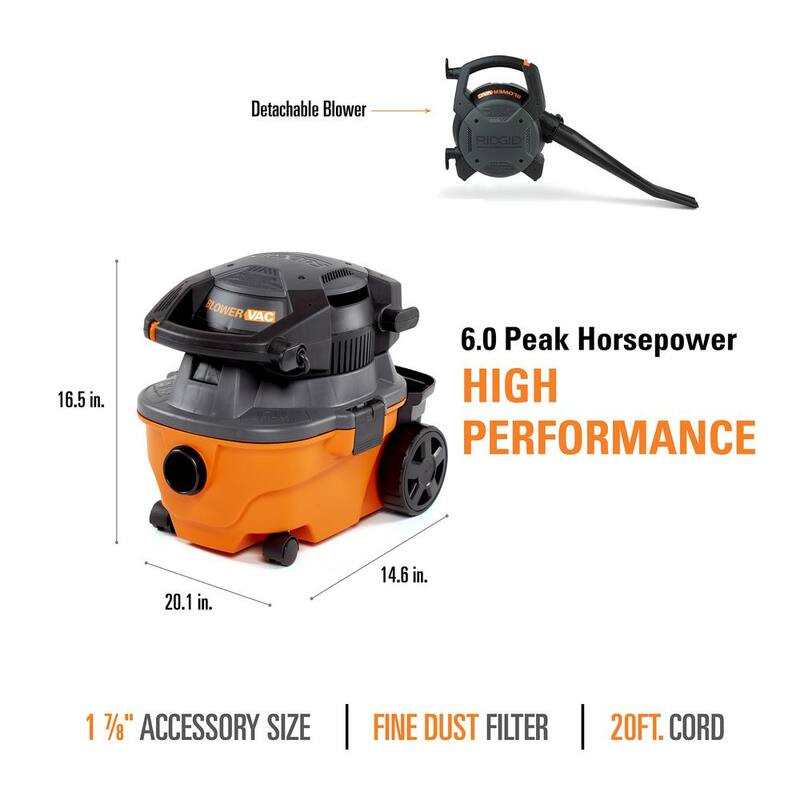 RIDGID 4 Gallon 6.0 Peak HP Shop Vac Wet Dry Vacuum with Detachable Blower, Fine Dust Filter, Locking Hose and Accessories - WD4080