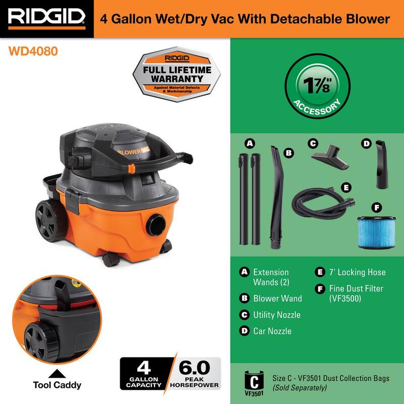 RIDGID 4 Gallon 6.0 Peak HP Shop Vac Wet Dry Vacuum with Detachable Blower, Fine Dust Filter, Locking Hose and Accessories - WD4080