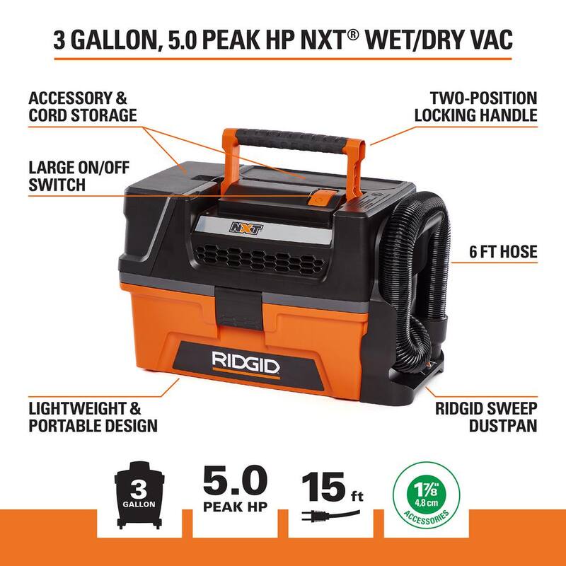 RIDGID 3 Gallon 5.0 Peak HP NXT Shop Vac Wet Dry Vacuum with Fine Dust Filter, Expandable Hose and Accessory Attachments - HD0300