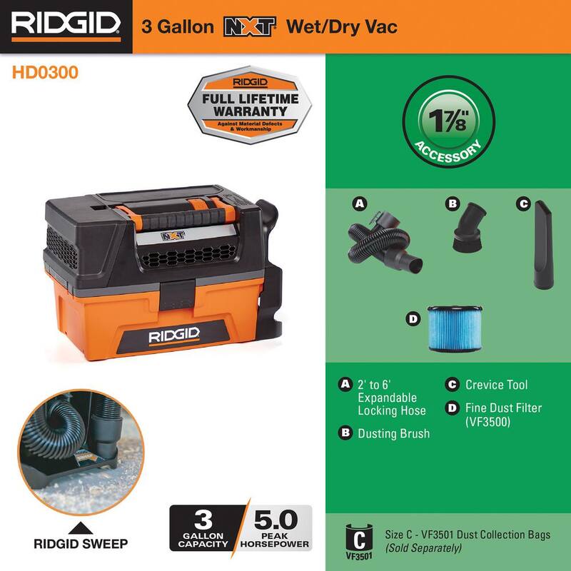 RIDGID 3 Gallon 5.0 Peak HP NXT Shop Vac Wet Dry Vacuum with Fine Dust Filter, Expandable Hose and Accessory Attachments - HD0300