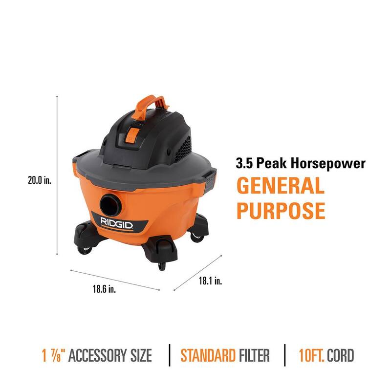 RIDGID 6 Gallon 3.5 Peak HP NXT Shop Vac Wet Dry Vacuum with General Debris Filter, Locking Hose and Accessory Attachments - HD06001