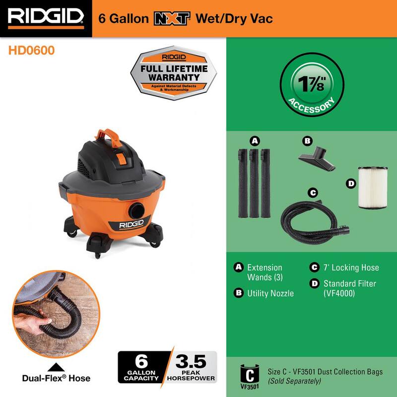 RIDGID 6 Gallon 3.5 Peak HP NXT Shop Vac Wet Dry Vacuum with General Debris Filter, Locking Hose and Accessory Attachments - HD06001