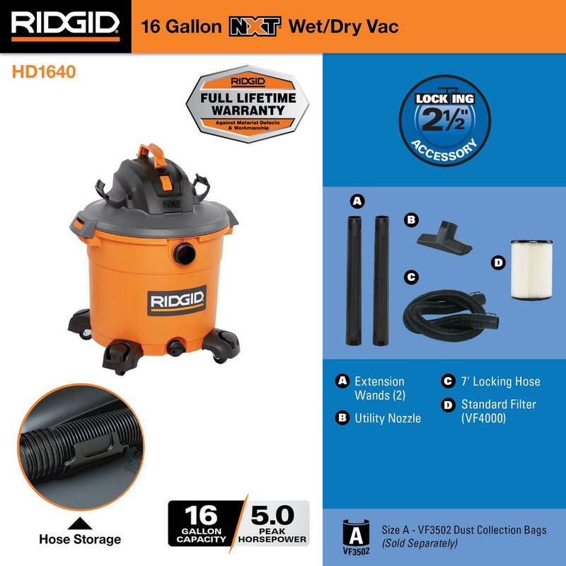 RIDGID 16 Gallon 5.0 Peak HP NXT Shop Vac Wet Dry Vacuum with General Debris Filter, Locking Hose and Accessory Attachments - HD1640