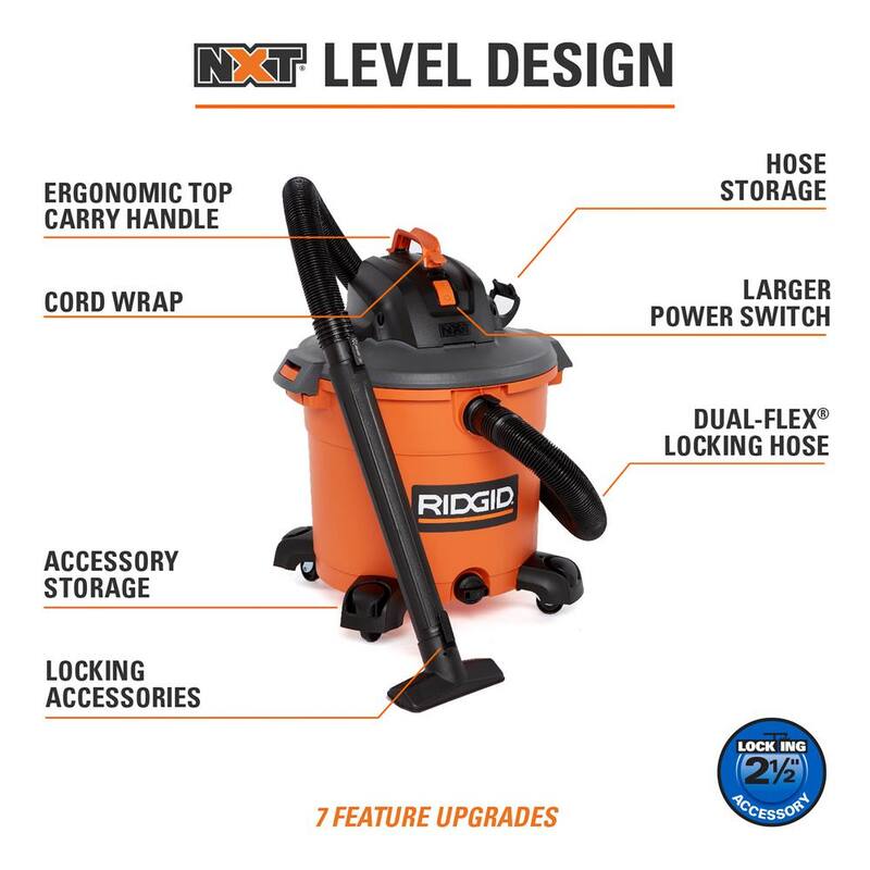 RIDGID 16 Gallon 5.0 Peak HP NXT Shop Vac Wet Dry Vacuum with General Debris Filter, Locking Hose and Accessory Attachments - HD1640