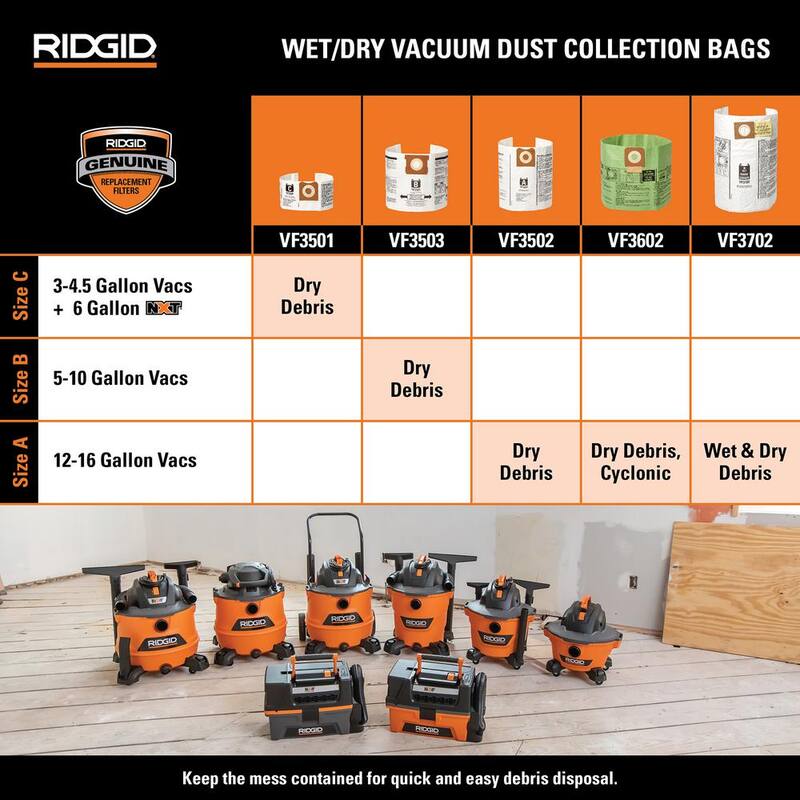 RIDGID High-Efficiency Wet Dry Vacuum Dry Pick-up Only Dust Bags for Select 12-16 Gallon RIDGID Shop Vacs, Size A (2-Pack) - VF3502