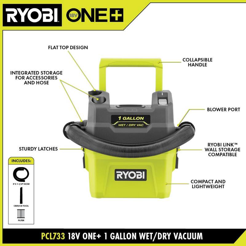 RYOBI ONE+ 18V Cordless 1 Gal. Wet/Dry Vacuum (Tool Only) - PCL733B