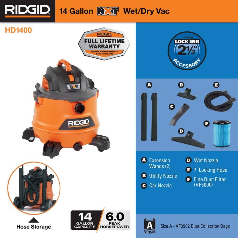 RIDGID 14 Gallon 6.0 Peak HP NXT Shop Vac Wet Dry Vacuum with Fine Dust Filter, Locking Hose and Accessory Attachments - HD1400