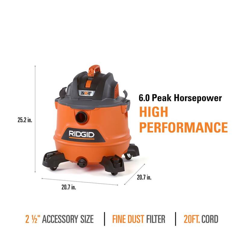 RIDGID 14 Gallon 6.0 Peak HP NXT Shop Vac Wet Dry Vacuum with Fine Dust Filter, Locking Hose and Accessory Attachments - HD1400