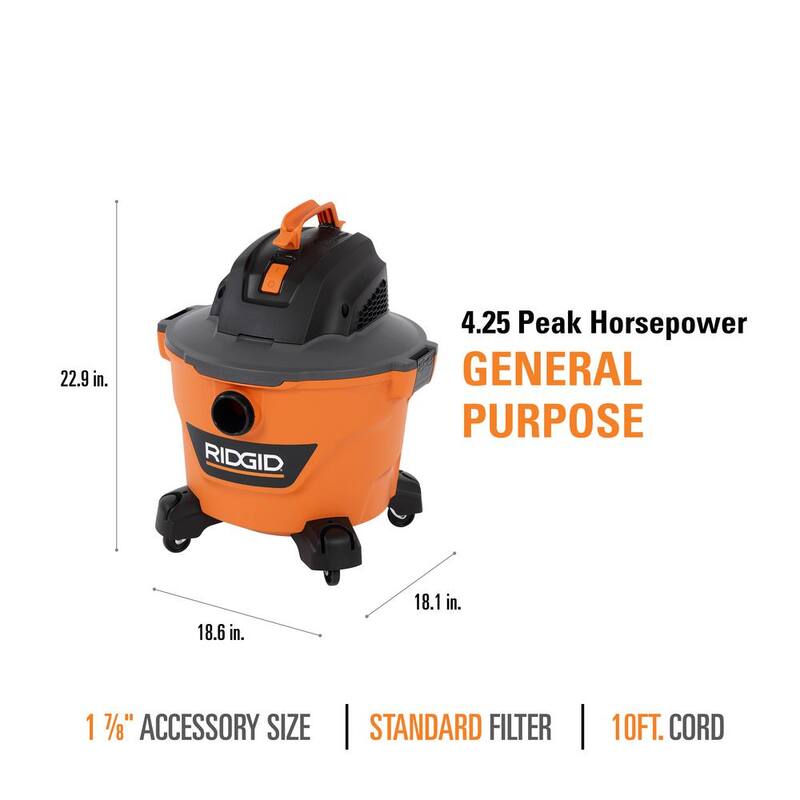 RIDGID 9 Gallon 4.25 Peak HP NXT Shop Vac Wet Dry Vacuum with General Debris Filter, Locking Hose and Accessory Attachments - HD09001