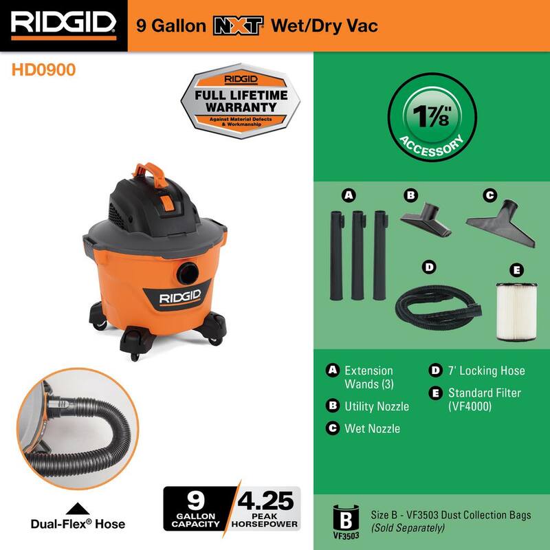 RIDGID 9 Gallon 4.25 Peak HP NXT Shop Vac Wet Dry Vacuum with General Debris Filter, Locking Hose and Accessory Attachments - HD09001
