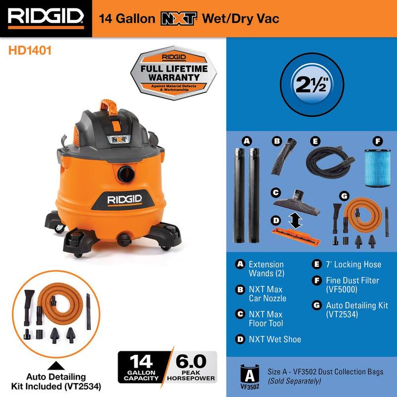RIDGID 14 Gallon 6.0 Peak HP NXT Shop Vac Wet Dry Vacuum with Fine Dust Filter, Hose, Accessories and Car Cleaning Kit - HD1401