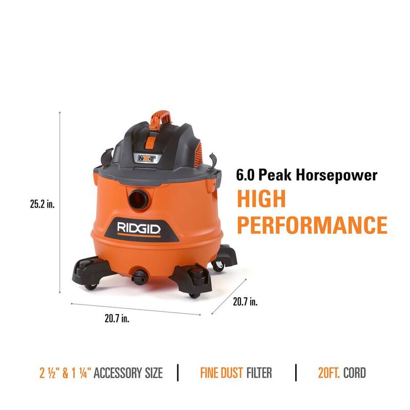 RIDGID 14 Gallon 6.0 Peak HP NXT Shop Vac Wet Dry Vacuum with Fine Dust Filter, Hose, Accessories and Car Cleaning Kit - HD1401