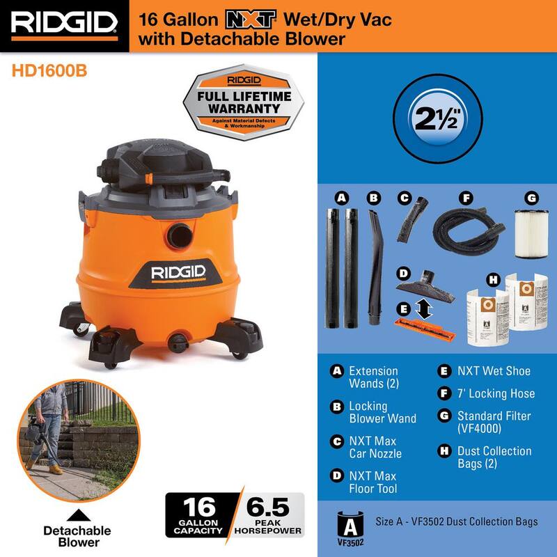 RIDGID 16 Gallon 6.5 Peak HP NXT Shop Vac Wet Dry Vacuum with Detachable Blower, Filter, Dust Bags, Hose and Accessories - HD1600B