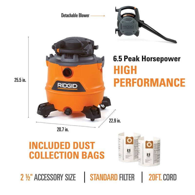 RIDGID 16 Gallon 6.5 Peak HP NXT Shop Vac Wet Dry Vacuum with Detachable Blower, Filter, Dust Bags, Hose and Accessories - HD1600B