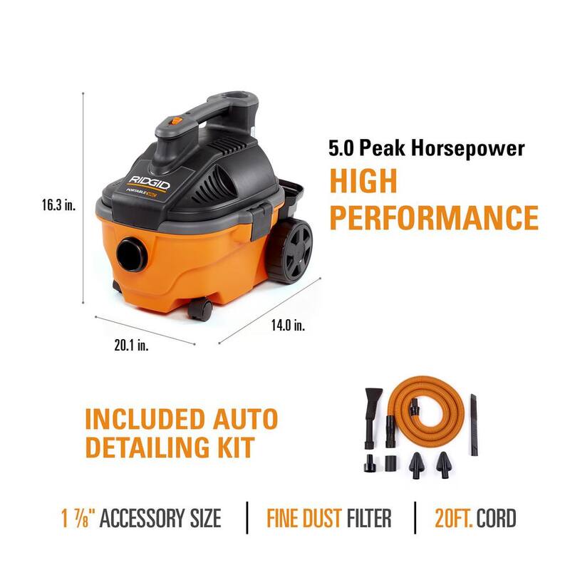 RIDGID 4 Gallon 5.0 Peak HP Portable Shop Vac Wet Dry Vacuum with Fine Dust Filter, Hose, Accessories and Car Cleaning Kit - WD4070C