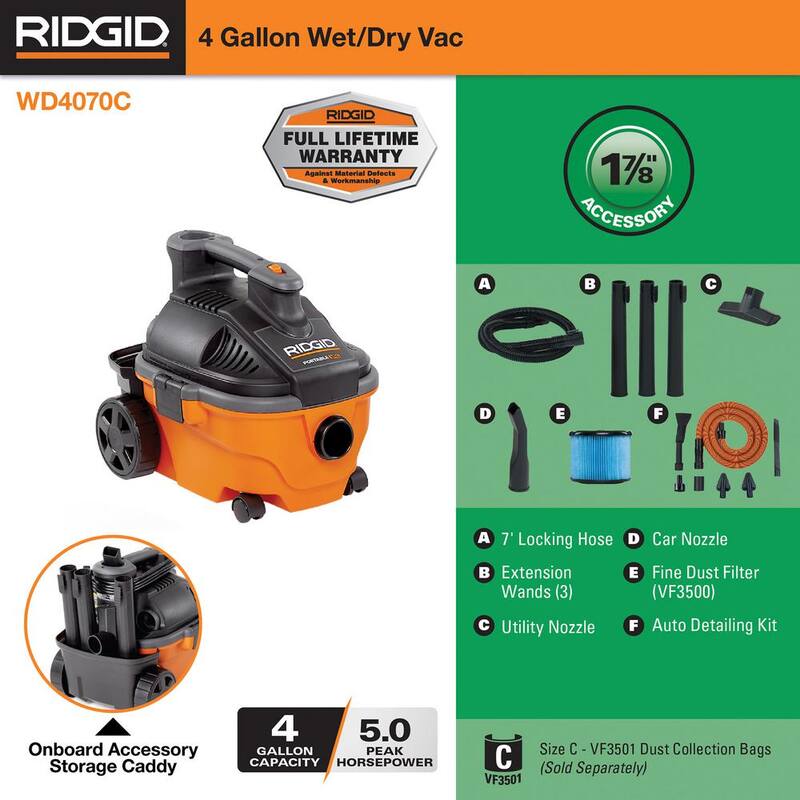 RIDGID 4 Gallon 5.0 Peak HP Portable Shop Vac Wet Dry Vacuum with Fine Dust Filter, Hose, Accessories and Car Cleaning Kit - WD4070C