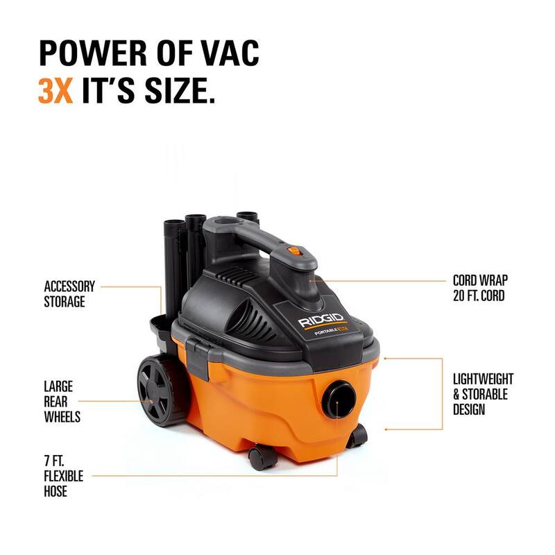 RIDGID 4 Gallon 5.0 Peak HP Portable Shop Vac Wet Dry Vacuum with Fine Dust Filter, Hose, Accessories and Car Cleaning Kit - WD4070C