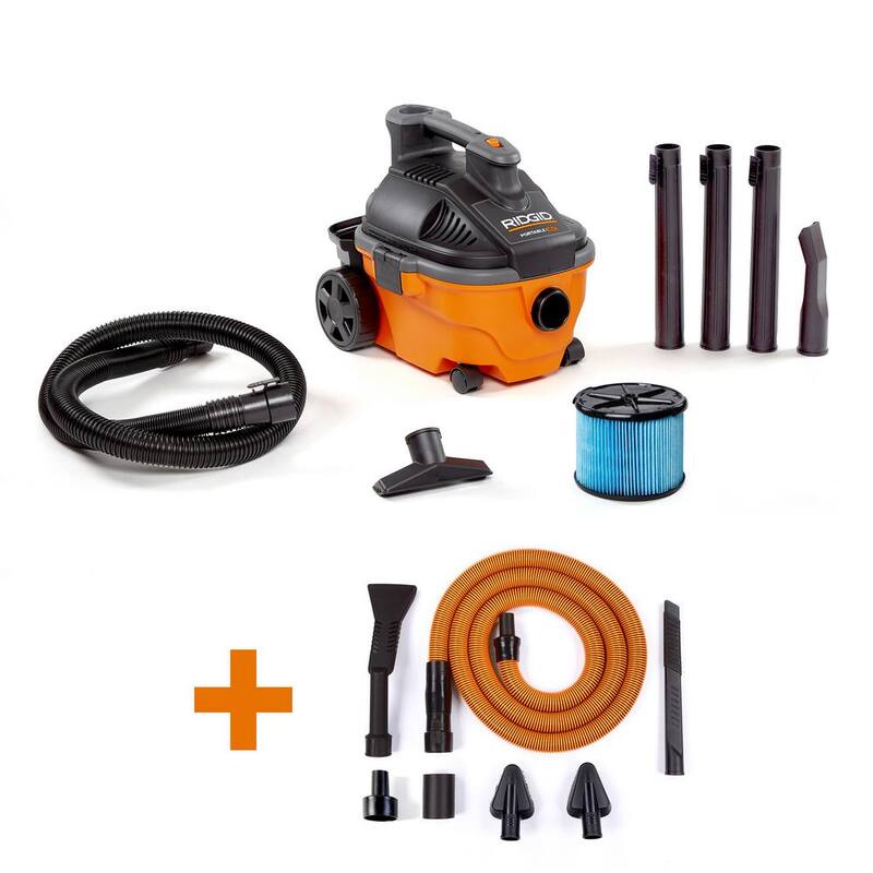 RIDGID 4 Gallon 5.0 Peak HP Portable Shop Vac Wet Dry Vacuum with Fine Dust Filter, Hose, Accessories and Car Cleaning Kit - WD4070C