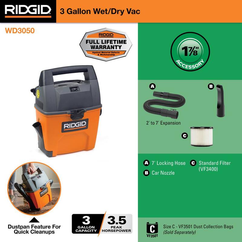RIDGID 3 Gal 3.5 Peak HP Handheld Shop Vac Wet Dry Vacuum with RIDGID SWEEP Dust Pan, Filter, Locking Hose and Car Nozzle - WD3050