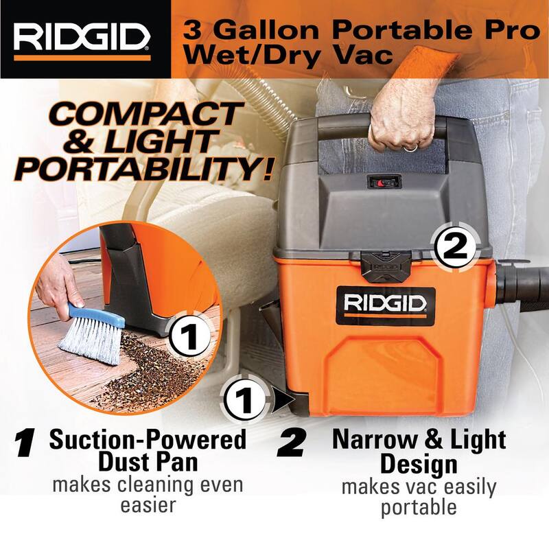 RIDGID 3 Gal 3.5 Peak HP Handheld Shop Vac Wet Dry Vacuum with RIDGID SWEEP Dust Pan, Filter, Locking Hose and Car Nozzle - WD3050