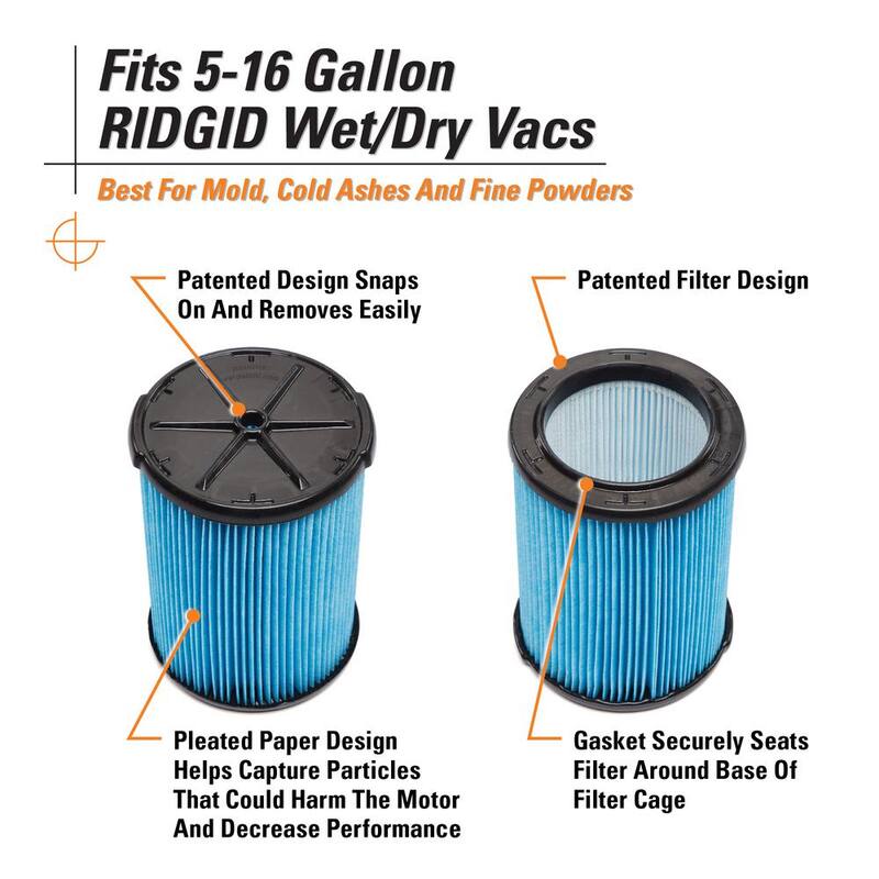 RIDGID Fine Dust Pleated Paper Wet Dry Vacuum Shop Vac Filter Replacement for Most 5-16 Gallon RIDGID Shop Vacs (1-Pack) - VF5000
