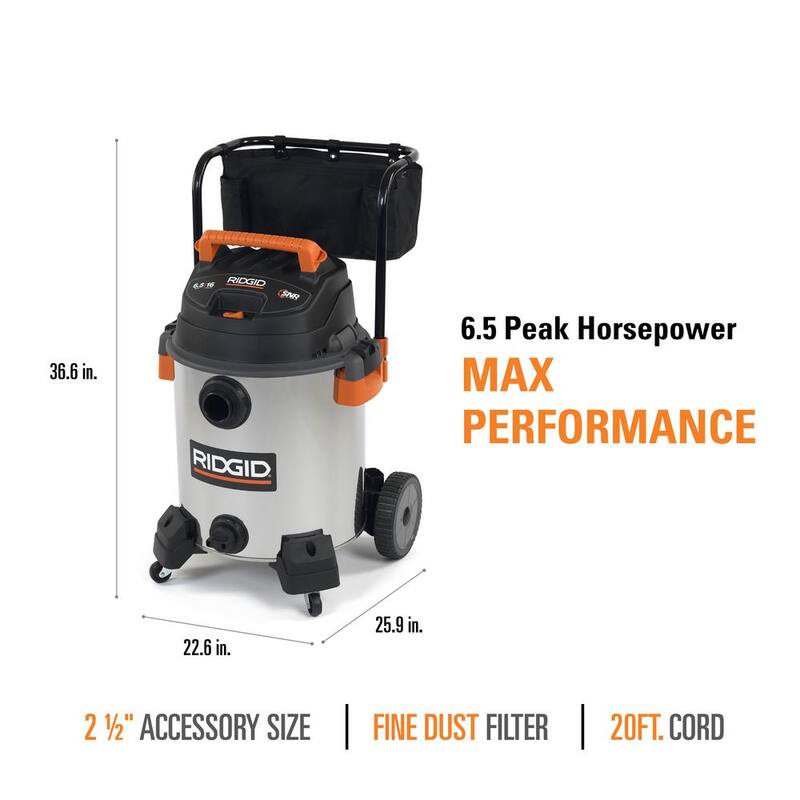RIDGID 16 Gallon 6.5 Peak HP Stainless Steel Shop Vac Wet Dry Vacuum with Fine Dust Filter, Hose and Accessory Attachments - WD1956