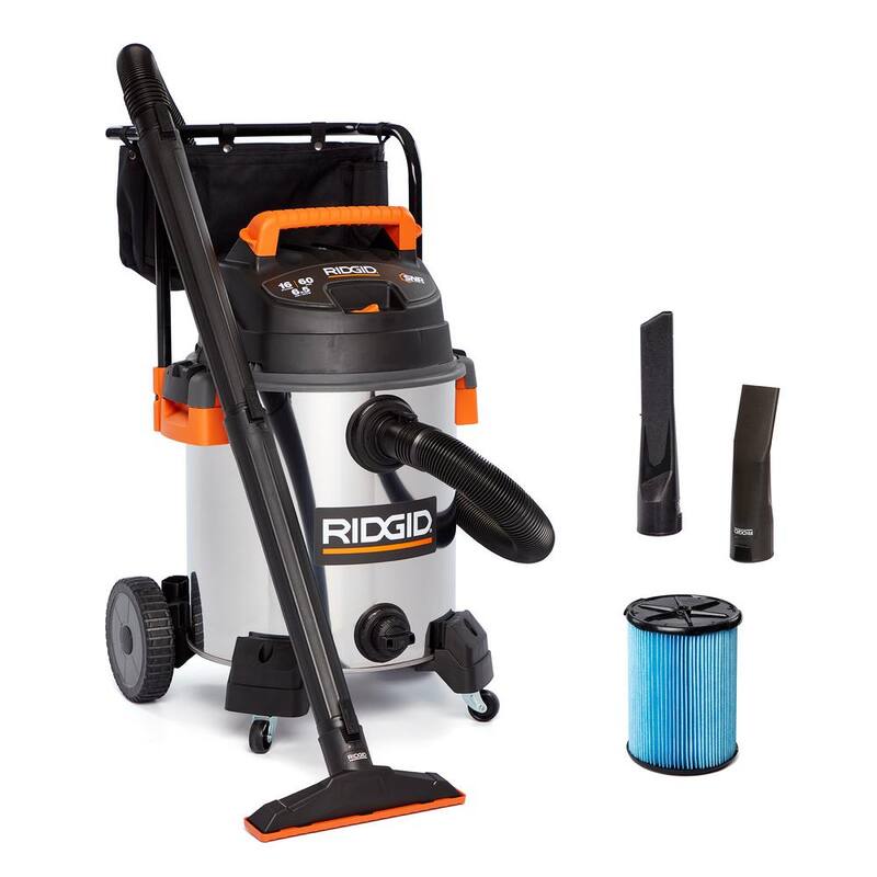 RIDGID 16 Gallon 6.5 Peak HP Stainless Steel Shop Vac Wet Dry Vacuum with Fine Dust Filter, Hose and Accessory Attachments - WD1956