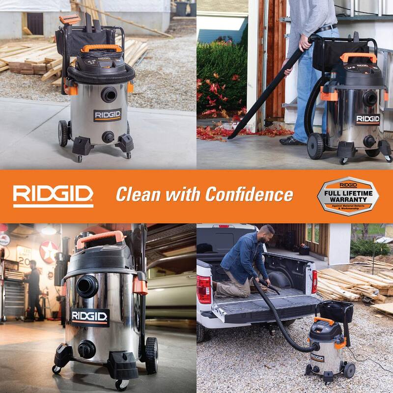 RIDGID 16 Gallon 6.5 Peak HP Stainless Steel Shop Vac Wet Dry Vacuum with Fine Dust Filter, Hose and Accessory Attachments - WD1956