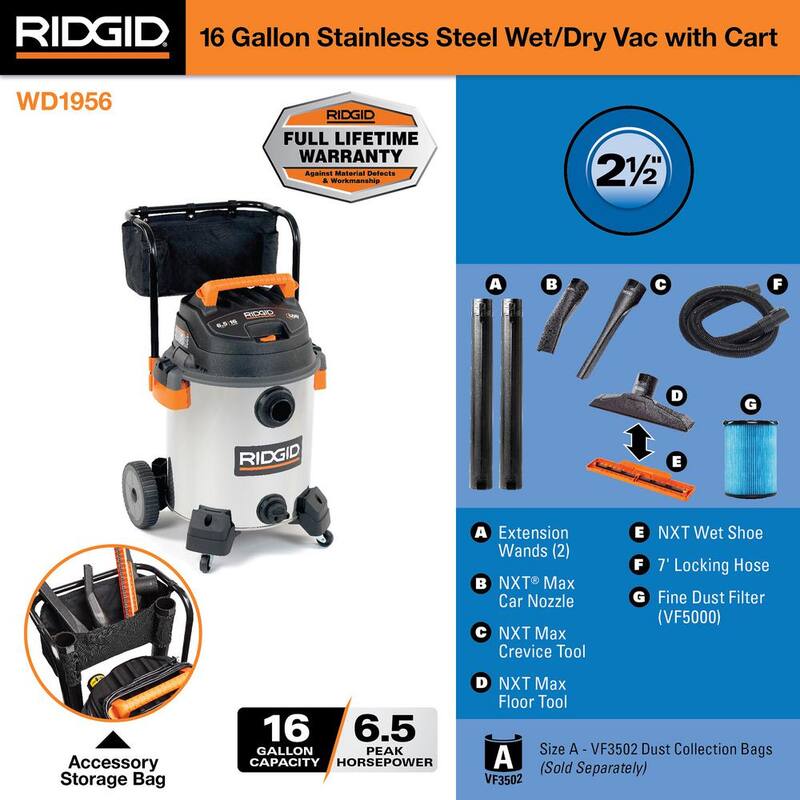 RIDGID 16 Gallon 6.5 Peak HP Stainless Steel Shop Vac Wet Dry Vacuum with Fine Dust Filter, Hose and Accessory Attachments - WD1956