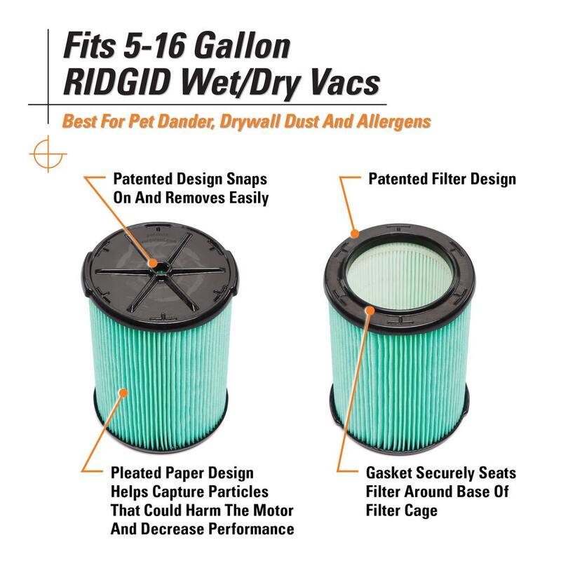RIDGID HEPA Material Pleated Paper Wet Dry Vacuum Shop Vac Filter Replacement for Most 5-16 Gallon RIDGID Shop Vacs (1-Pack) - VF6000
