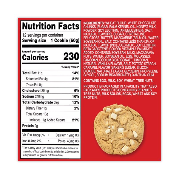 Galletas de Macadamia con Trozos Blancos de Mrs. Fields, 21 oz, Paquete Envuelto Individualmente, Chocolate Blanco, PK12, 12PK - 572563