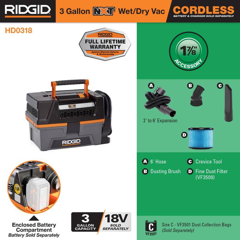RIDGID 3 Gallon 18-Volt Cordless Handheld NXT Shop Vac Wet Dry Vacuum (Tool Only) with Filter, Expandable Hose and Accessories - HD0318