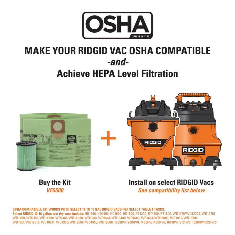 RIDGID Wet Dry Vacuum OSHA Compatible Kit with HEPA Level Filtration, Cyclonic Dust Bags for Select 12 -16 Gal RIDGID Shop Vacs - VF6500