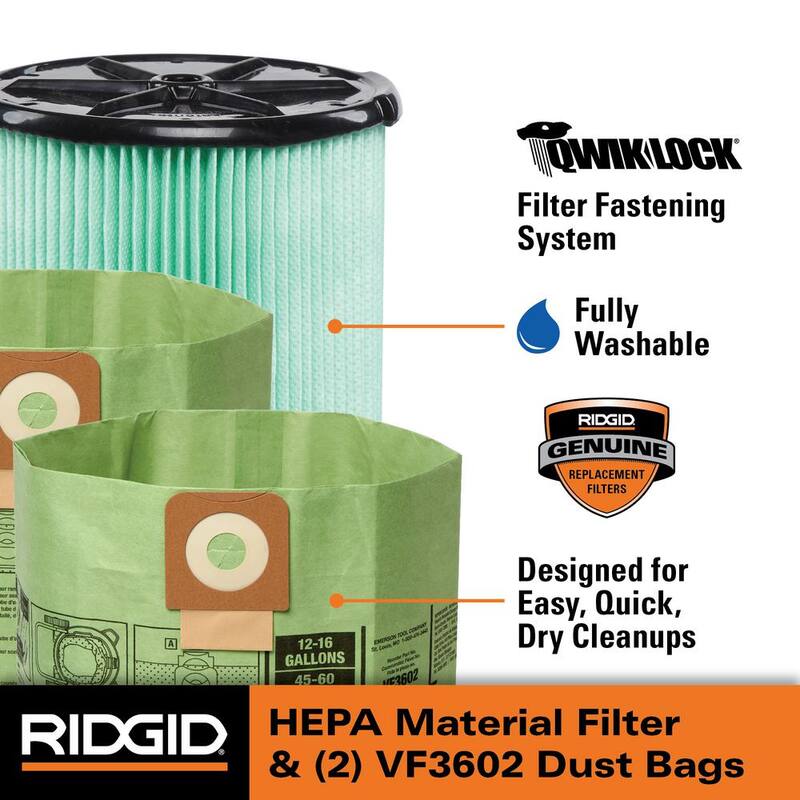 RIDGID Wet Dry Vacuum OSHA Compatible Kit with HEPA Level Filtration, Cyclonic Dust Bags for Select 12 -16 Gal RIDGID Shop Vacs - VF6500