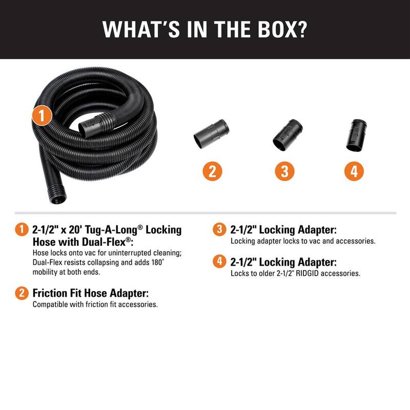 RIDGID 2-1/2 in. x 20 ft. DUAL-FLEX Locking Vacuum Hose Kit Accessory Shop Vac Attachment for RIDGID Wet Dry Vacuums - LA2522
