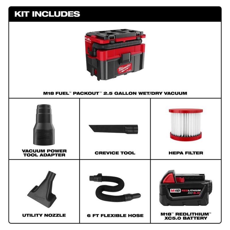 Milwaukee M18 FUEL PACKOUT 18-Volt Lithium-Ion Cordless 2.5 Gal. Wet/Dry Vacuum and M18 5.0 Ah Lithium-Ion XC Battery Pack - 0970-20-48-11-1850