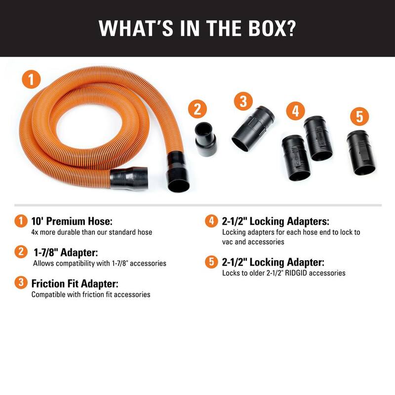 RIDGID 1-7/8 in. x 10 ft. Locking Professional Vacuum Hose Kit Accessory Shop Vac Attachments for RIDGID Wet Dry Vacuums - LA2570